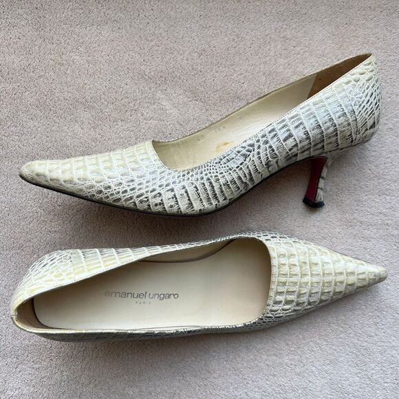 Emanuel Urgaro Paris Embossed Snakeskin Cream Taupe Leather Pumps Pointy Women 8 - Picture 16 of 16